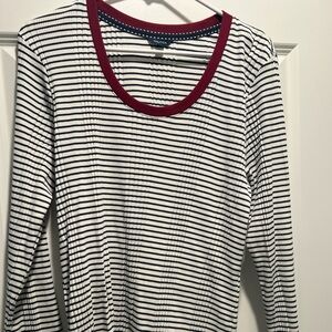 Nautica Navy and White Striped Top with Burgundy Trim